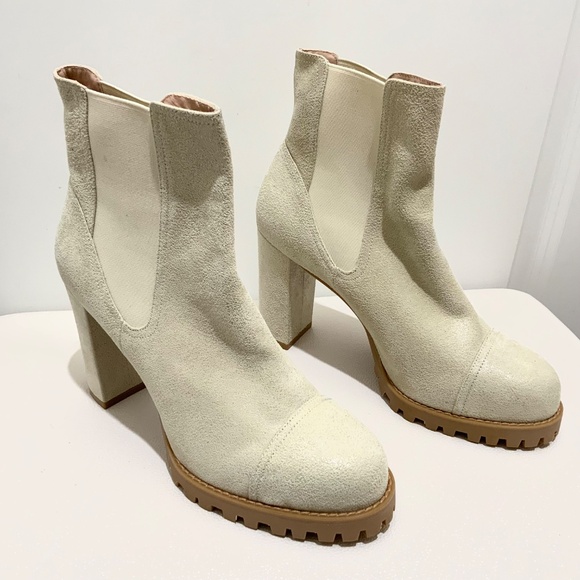 Stuart Weitzman Beige Leather Goring Lug Sole Wenda Almond Toe Block Heel Bootie - Picture 5 of 12